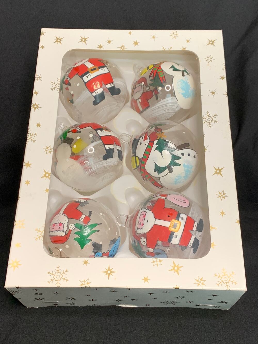 Vintage 1996 Czech Hand Painted Glass Christmas Ornaments Santa Snowman Set 6